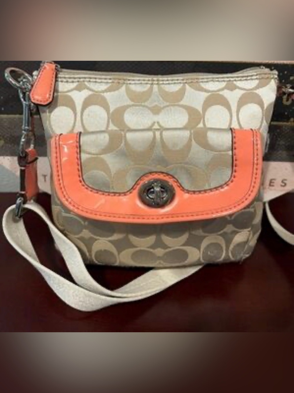 Coach Beige Signature Crossbody with Coral Trim